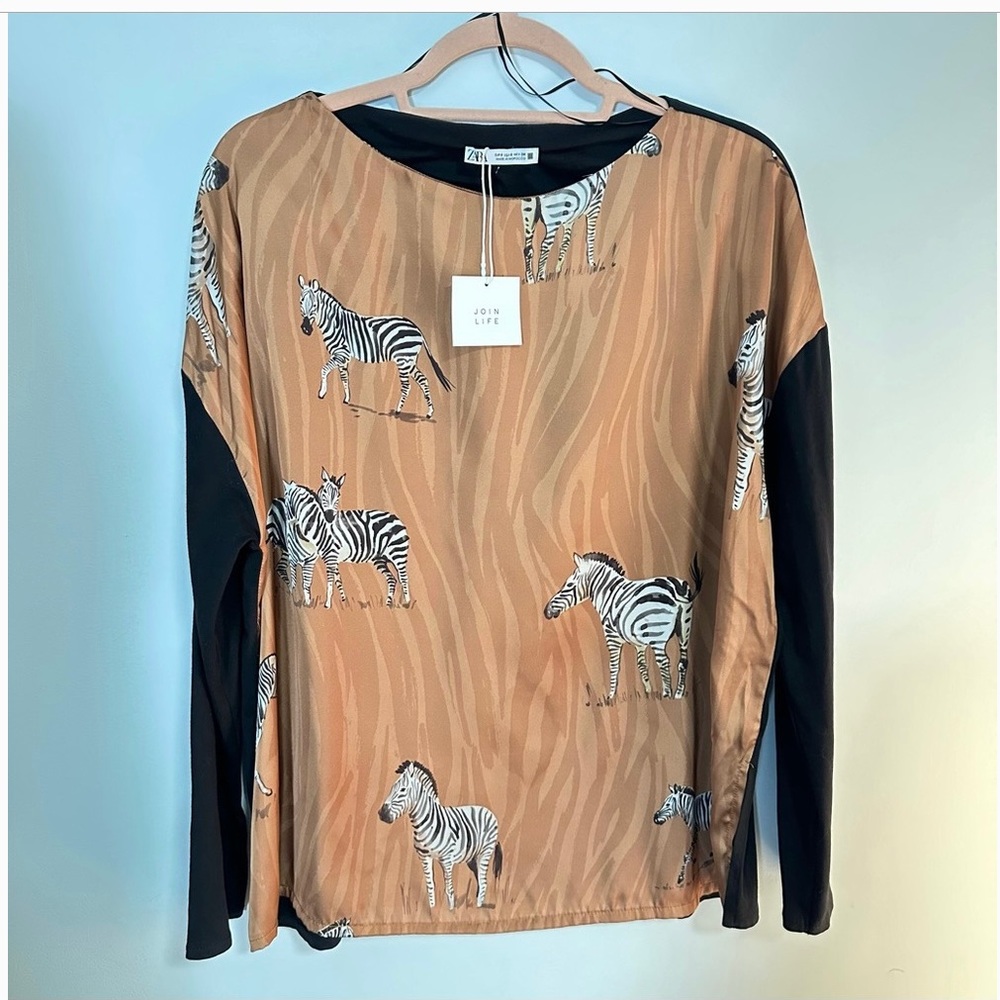 ZARA Top Fun Zebra L/S Poly Cotton Knit Brown Black White NWT Sz S M L